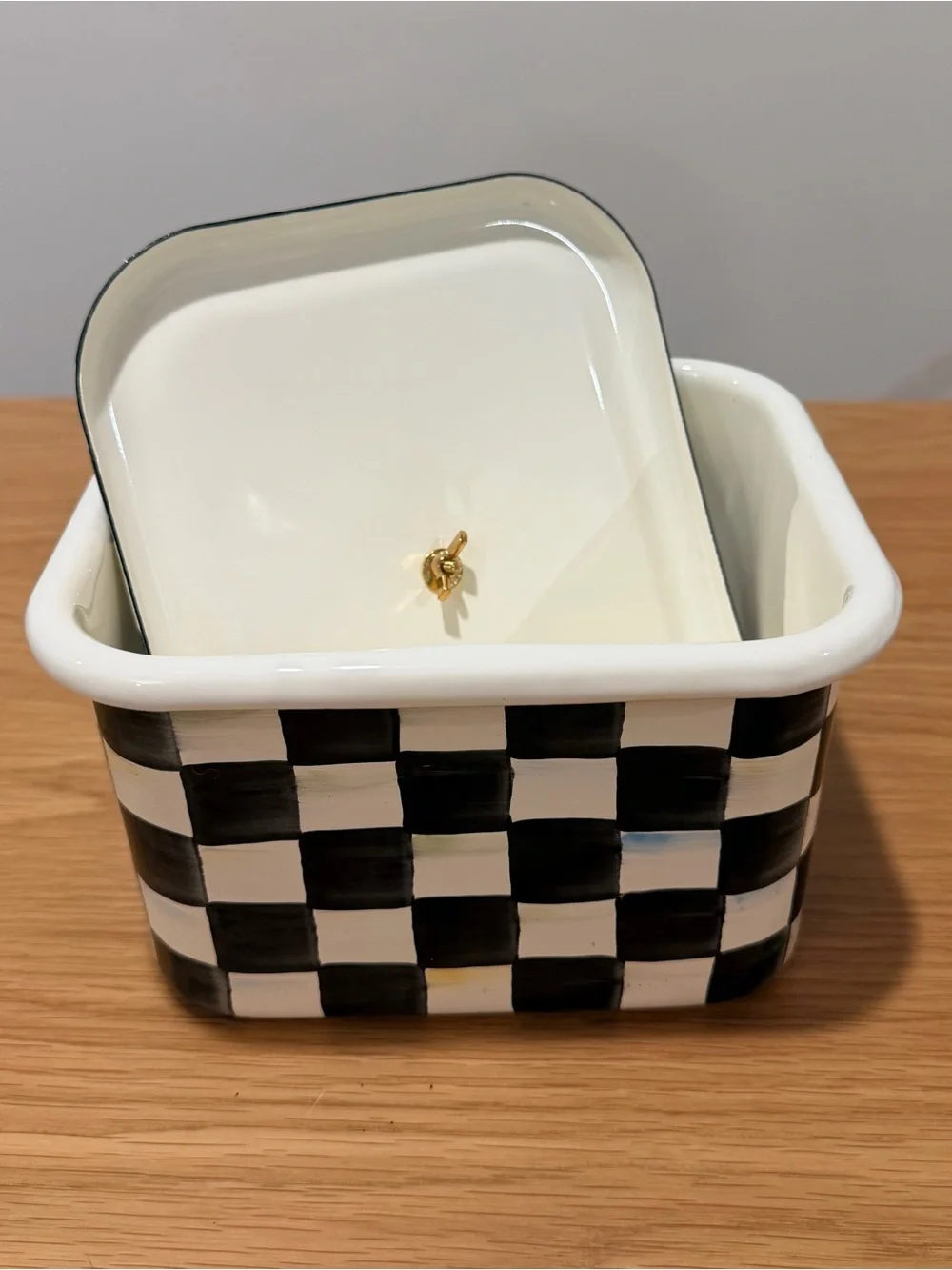 MacKenzie-Childs Black and White Check Covered Box with Red Gold Finial